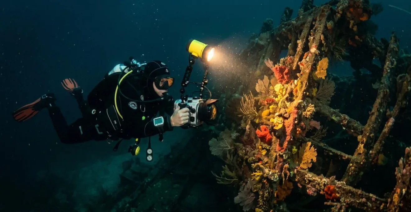 Plongeur équipé d'une caméra vidéo et d'un phare sur bras articulé, filmant une épave méditerranéenne à 25 mètres de profondeur, le faisceau lumineux révélant les couleurs naturelles de la faune fixée sur la structure