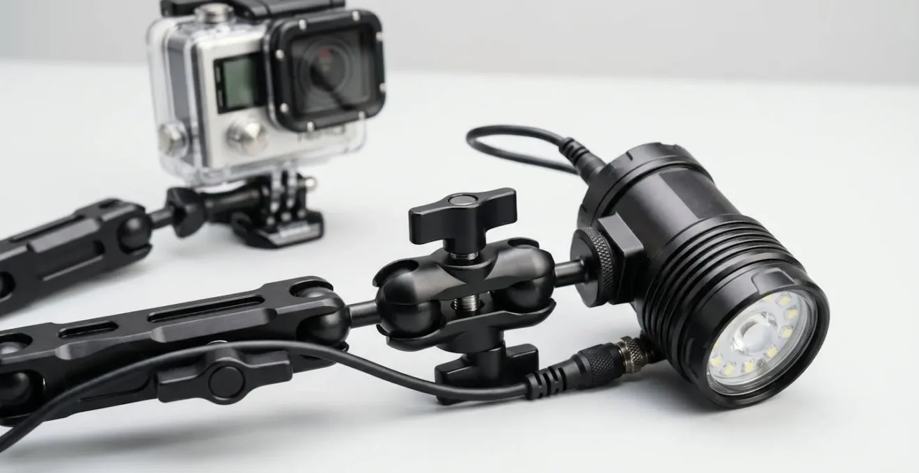 Système de fixation YS mount reliant un phare vidéo compact à un bras articulé en aluminium, avec caisson vidéo étanche en arrière-plan, sur fond neutre avec éclairage studio