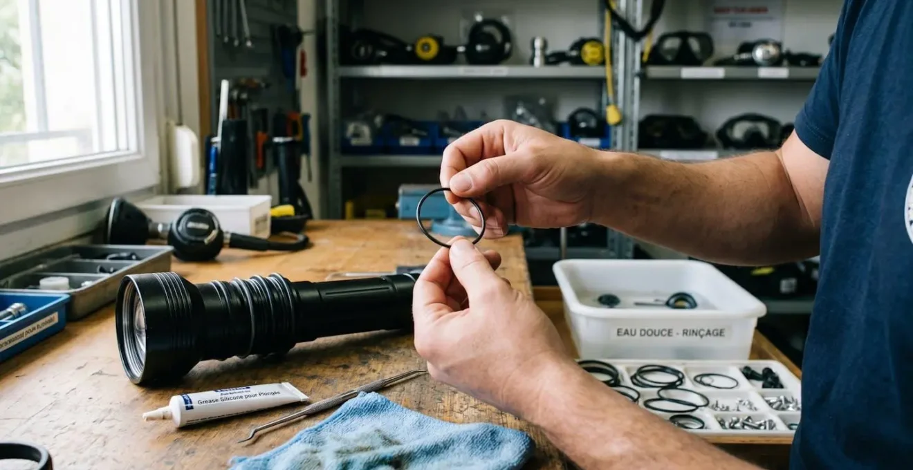 Technicien inspectant un joint torique noir d'un phare de plongée sur un établi de maintenance, corps du phare ouvert et outils d'entretien disposés à proximité