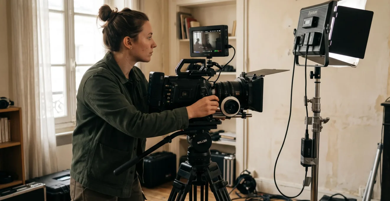 Une cadreuse manœuvre une caméra grand capteur sur trépied, éclairée par un panneau LED, lors d'un tournage en intérieur.