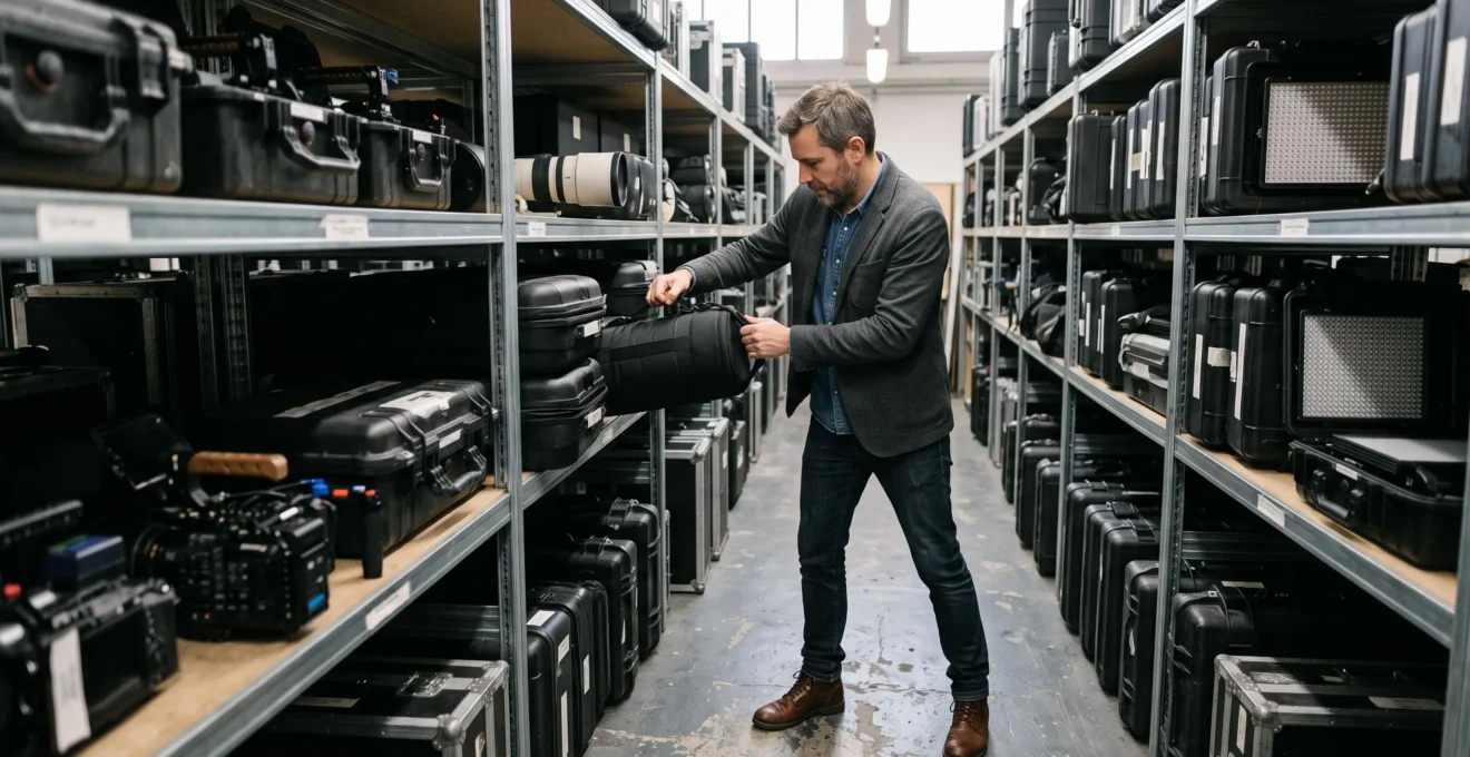 Un client soulève une valise d'optiques dans le rayonnage d'un showroom de location de matériel vidéo professionnel.