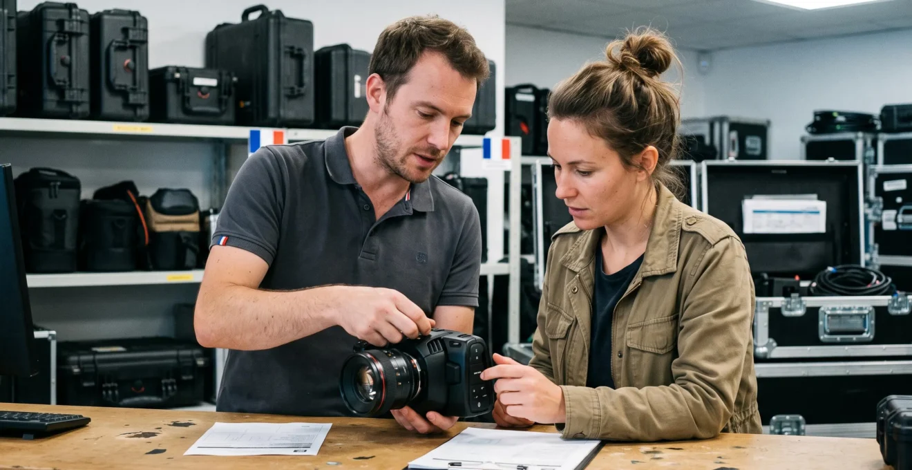 Un technicien remet une caméra de cinéma à une vidéaste au comptoir d'une maison de location de matériel vidéo professionnel.