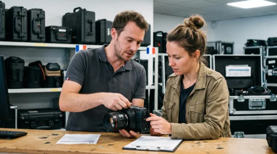 Un technicien remet une caméra de cinéma à une vidéaste au comptoir d'une maison de location de matériel vidéo professionnel.